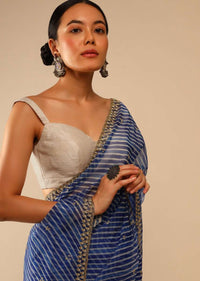 Egyptian Blue Saree In Organza With Lehariya Print And Hand Embroidered Border With Beads And Sequins Work Online - Kalki Fashion