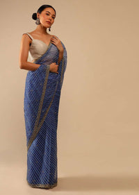 Egyptian Blue Saree In Organza With Lehariya Print And Hand Embroidered Border With Beads And Sequins Work Online - Kalki Fashion