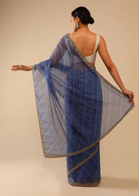 Egyptian Blue Saree In Organza With Lehariya Print And Hand Embroidered Border With Beads And Sequins Work Online - Kalki Fashion