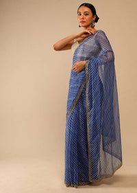 Egyptian Blue Saree In Organza With Lehariya Print And Hand Embroidered Border With Beads And Sequins Work Online - Kalki Fashion