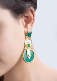 Elegant and classy long metal coated earring with emerald green stone only on Kalki
