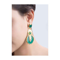 Elegant and classy long metal coated earring with emerald green stone only on Kalki