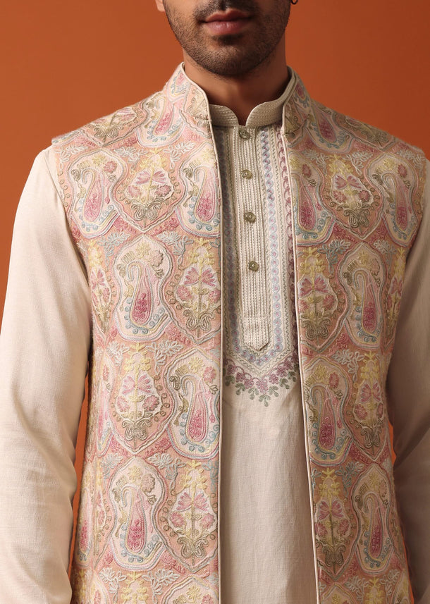 Elegant Beige Exquisite Embroidered Jacket Kurta Set