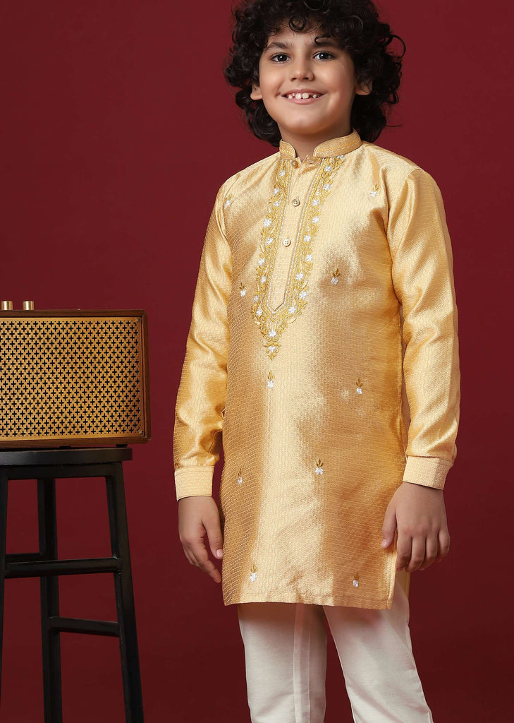 Elegant Beige Silk Kurta Set For Boys