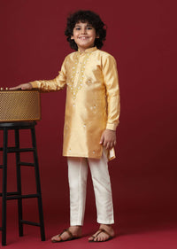 Elegant Beige Silk Kurta Set For Boys