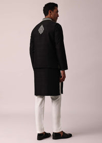 Elegant Black Cotton Silk Jacket Kurta Set For Men