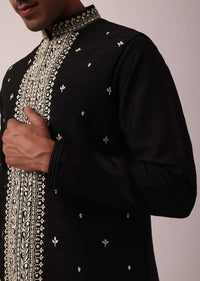 Elegant Black Cotton Silk Jacket Kurta Set For Men