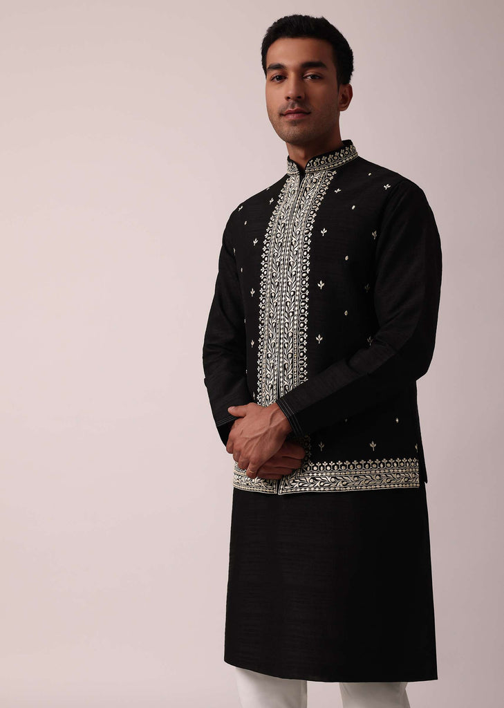 Elegant Black Cotton Silk Jacket Kurta Set For Men