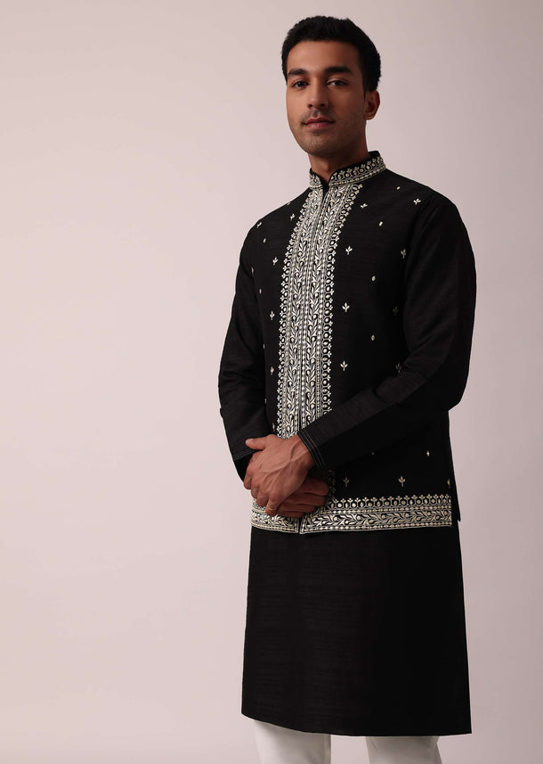 Elegant Black Cotton Silk Jacket Kurta Set For Men