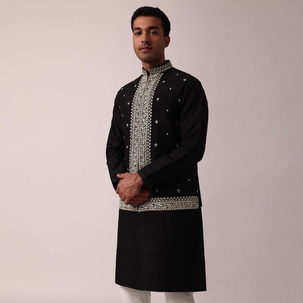 Elegant Black Cotton Silk Jacket Kurta Set For Men