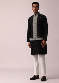 Elegant Black Cotton Silk Jacket Kurta Set For Men