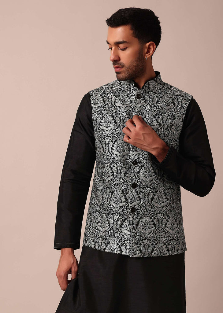 Elegant Black Jacket Kurta Set For Men