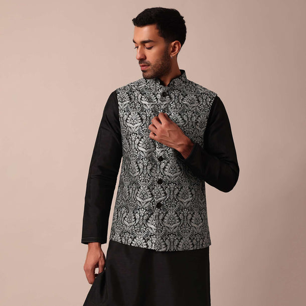 Elegant Black Jacket Kurta Set For Men