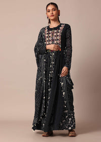 Elegant Black Printed Embroidery Anarkali Pant Set With Dupatta