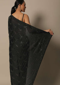 Elegant Black Satin Saree With Unstitched Blouse