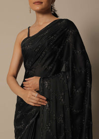 Elegant Black Satin Saree With Unstitched Blouse