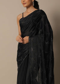 Elegant Black Satin Saree With Unstitched Blouse