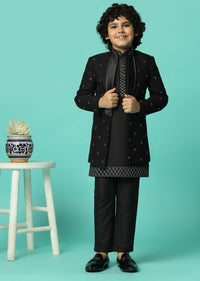 Elegant Black Silk Sherwani Set For Boys