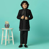 Elegant Black Silk Sherwani Set For Boys