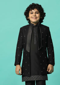 Elegant Black Silk Sherwani Set For Boys