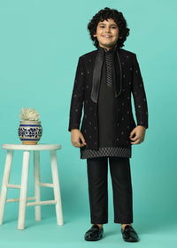 Elegant Black Silk Sherwani Set For Boys