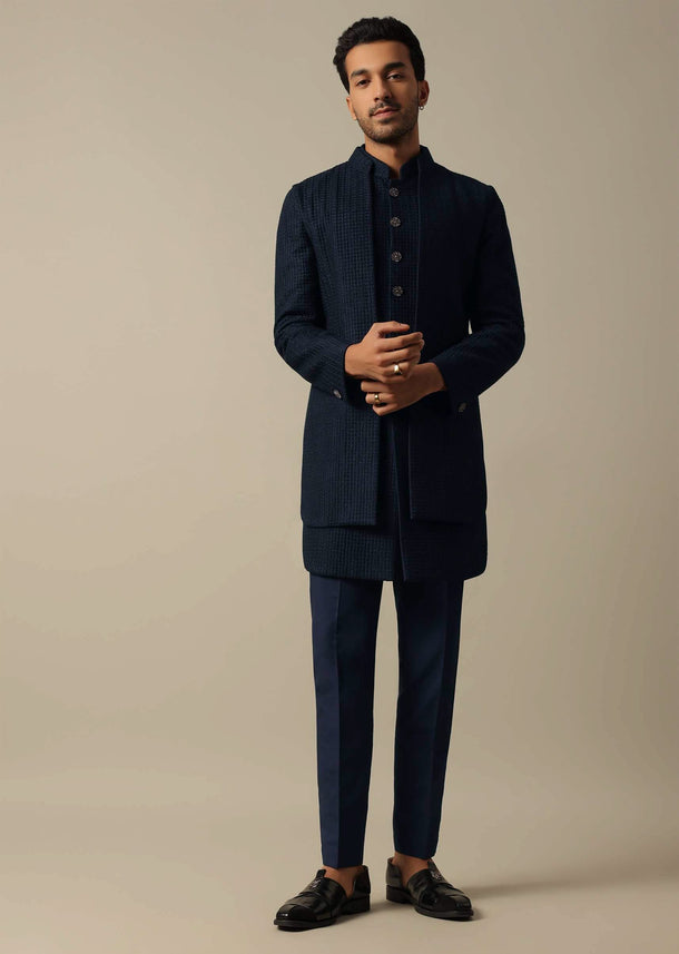 Elegant Black Textured Indowestern Set For Men