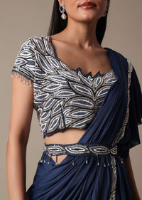 Elegant Blue Frill Saree With Embellished Ready Blouse