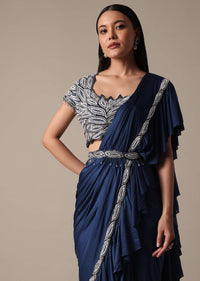 Elegant Blue Frill Saree With Embellished Ready Blouse