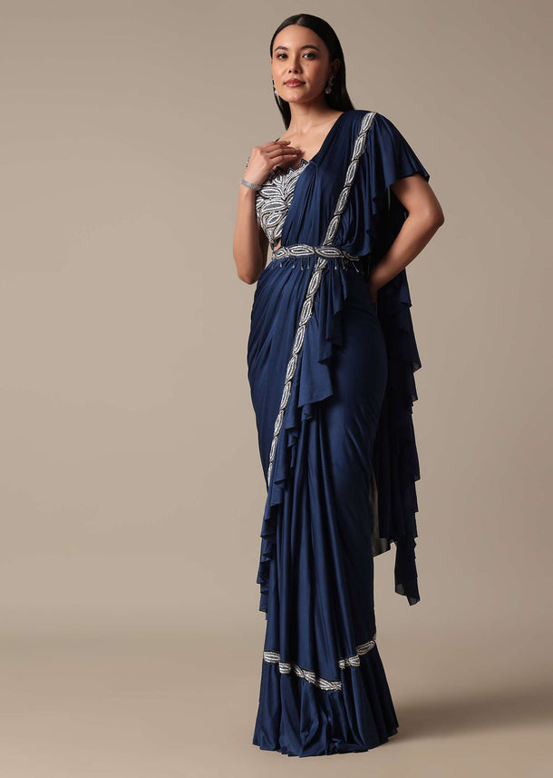 Elegant Blue Frill Saree With Embellished Ready Blouse