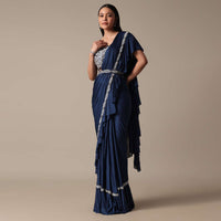 Elegant Blue Frill Saree With Embellished Ready Blouse