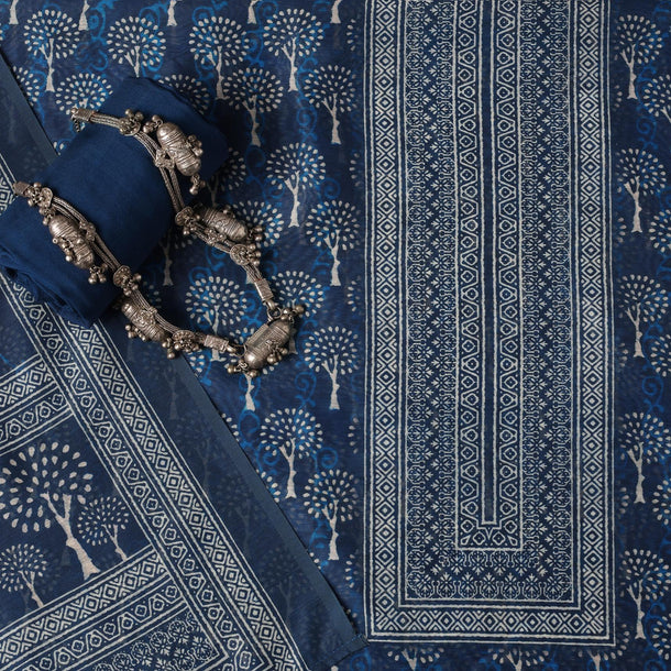 Indigo Printed Chanderi Unstitch Dress Material Set