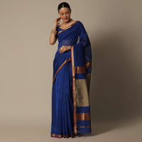 Elegant Blue Maheshwari Chanderi Silk Saree With Jute Woven Pallu