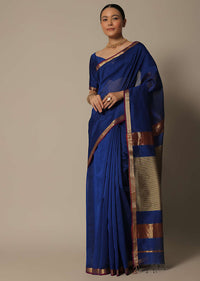 Elegant Blue Maheshwari Chanderi Silk Saree With Jute Woven Pallu