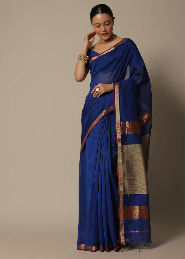 Elegant Blue Maheshwari Chanderi Silk Saree With Jute Woven Pallu