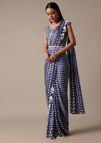 Elegant Blue Ready Pleated Saree With Stitched Blouse