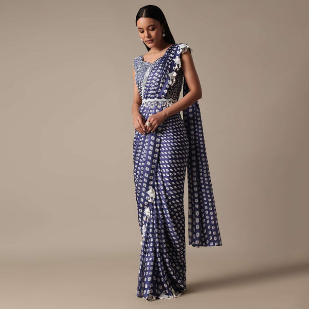 Elegant Blue Ready Pleated Saree With Stitched Blouse