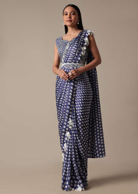 Elegant Blue Ready Pleated Saree With Stitched Blouse