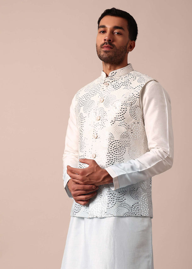 Elegant Blue Ombre Silk Jacket Kurta Set For Men