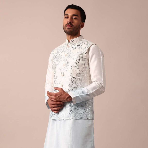 Elegant Blue Ombre Silk Jacket Kurta Set For Men