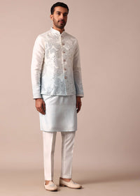 Elegant Blue Ombre Silk Jacket Kurta Set For Men