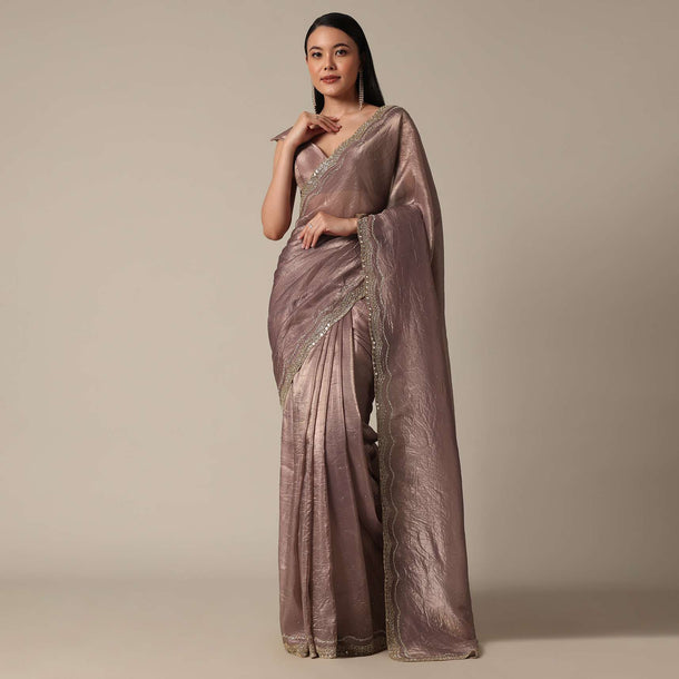 Elegant Brown Saree With Mirror and Stone Work