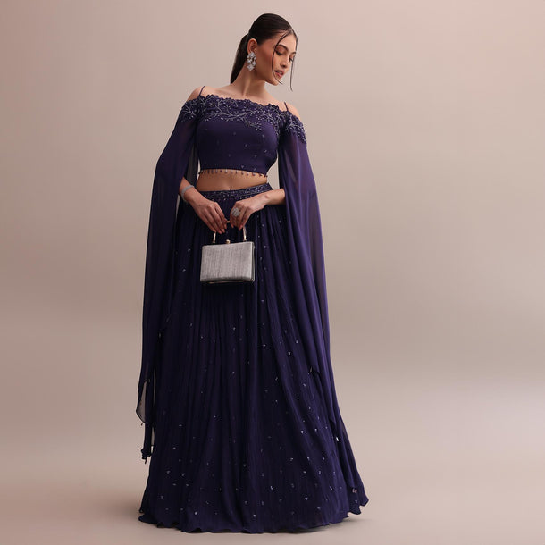 Elegant Georgette Purple Lehenga Set With Embroidered Off-Shoulder Crop Top