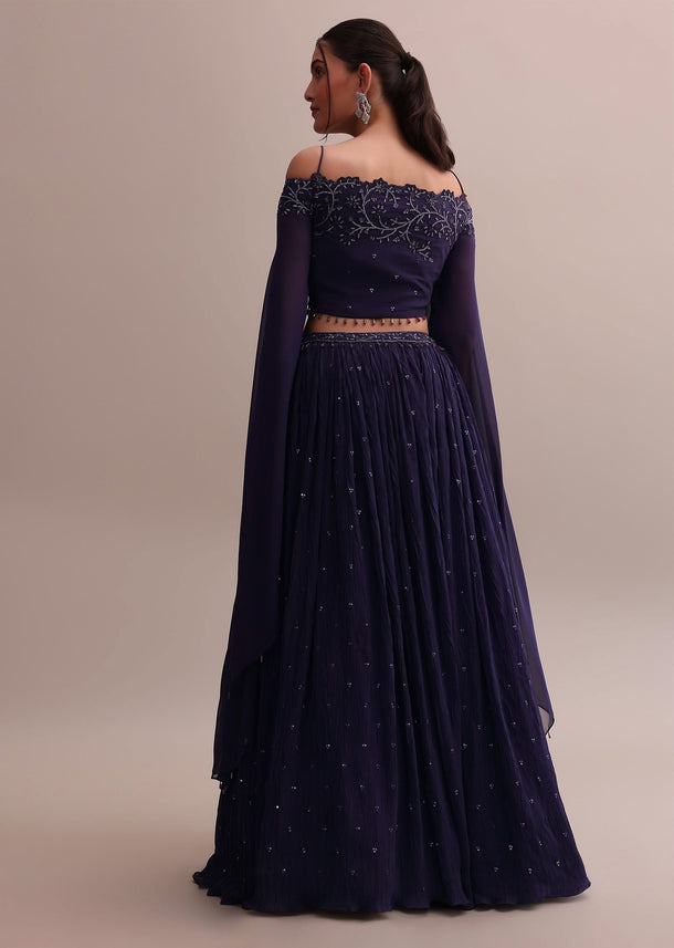 Elegant Georgette Purple Lehenga Set With Embroidered Off-Shoulder Crop Top