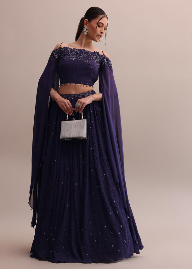 Elegant Georgette Purple Lehenga Set With Embroidered Off-Shoulder Crop Top