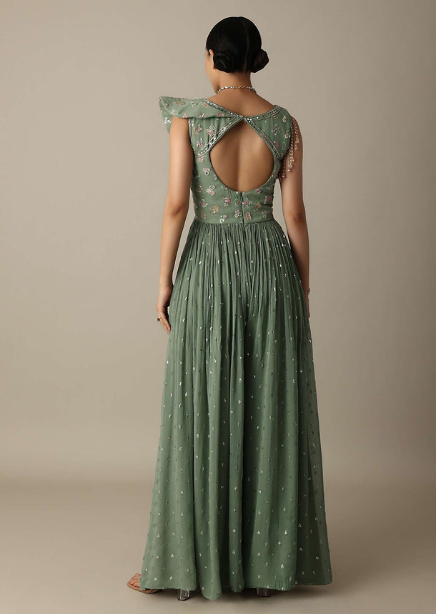 Elegant Gleaming Green Embroidery Jumpsuit