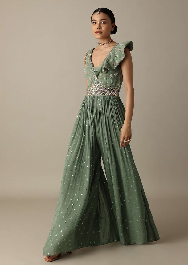 Elegant Gleaming Green Embroidery Jumpsuit