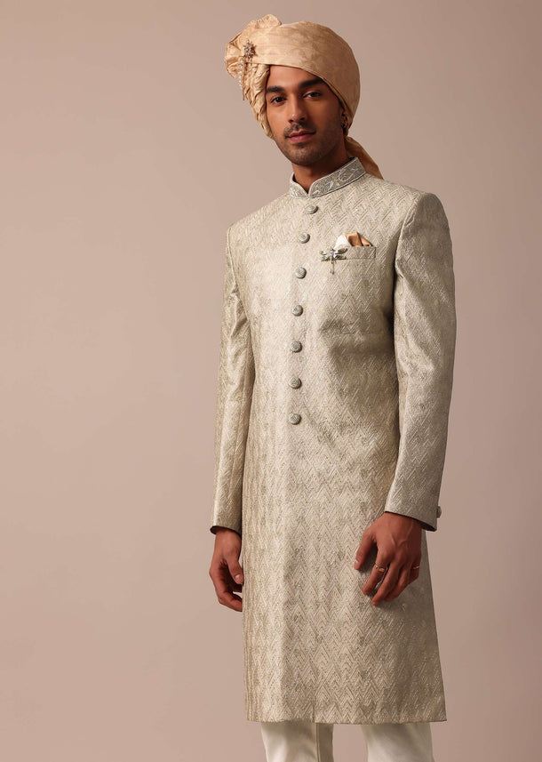 Elegant Green Banarasi Silk Sherwani Set