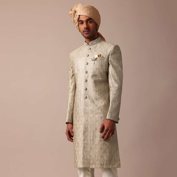 Elegant Green Banarasi Silk Sherwani Set