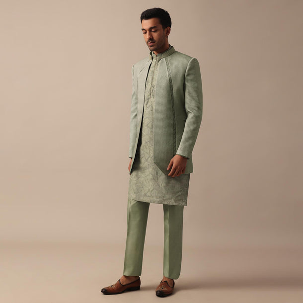 Elegant Green Indowestern Set Featuring Striking Self Work