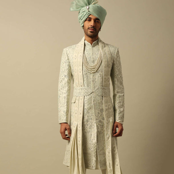 Elegant Green Raw Silk Sherwani Set